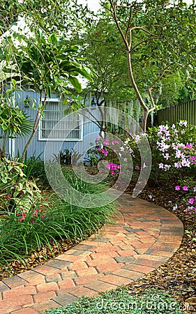 Shaded garden path Stock Photo