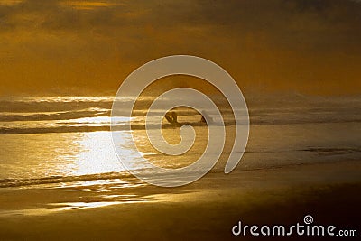 Shades of Orange Painterly Sea and Surfers Stock Photo