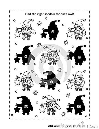 Shadow game with christmas owls holding star ornament Vector Illustration