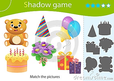 Shadow Game for kids. Match the right shadow. Color image of holiday cake with gifts, toys and balloons. Children`s birthday. Vector Illustration