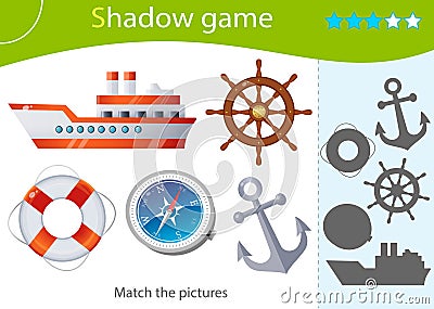 Shadow Game for kids. Match the right shadow. Color image of ship or steamship, magnetic compass, anchor, helm and lifebuoy. Vector Illustration