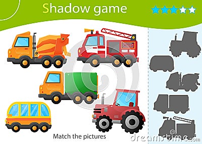 Shadow Game for kids. Match the right shadow. Color images cartoon cars. Truck and tractor. Fire truck and concrete mixer. Bus. Vector Illustration