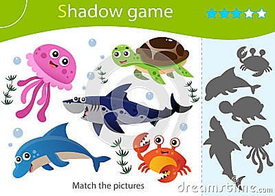 Shadow Game for kids. Match the right shadow. Color images of jellyfish, turtle, dolphin, crab, shark. Marine life. Worksheet Vector Illustration