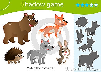 Shadow Game for kids. Match the right shadow. Color images of wild animals. Bear, Wolf, Hedgehog, Hare, Fox. Worksheet vector Vector Illustration