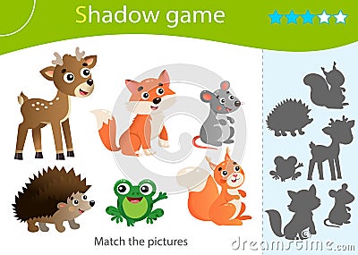 Shadow Game for kids. Match the right shadow. Color images of wild animals. Hedgehog, fox, frog, mouse, squirrel, deer. Worksheet Vector Illustration