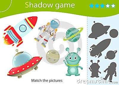 Shadow Game for kids. Match the right shadow. Color image of astronaut with rocket, of aliens with flying saucer and planets with Vector Illustration