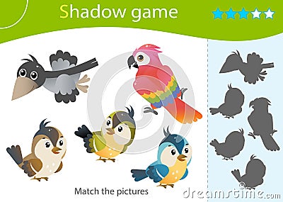 Shadow Game for kids. Match the right shadow. Color images of cartoon birds. Crow, parrot, sparrow, titmouse. Worksheet vector Vector Illustration