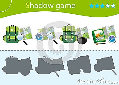 Shadow Game for kids. Match the right shadow. Tourist sets. Backpack with bowler, map and compass. Worksheet vector design for Vector Illustration