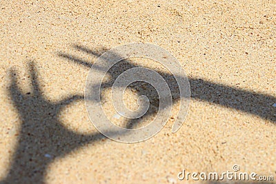 Shadow hands making heart icon on sand at the beach Stock Photo