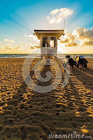 Shadow of life guard tower on Miami beach in sunrise, Florida, United States of America Stock Photo