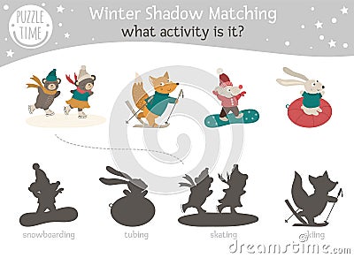 Shadow matching activity for children with animals going for winter sports. Cute funny smiling fox, bear, mouse, hare Vector Illustration