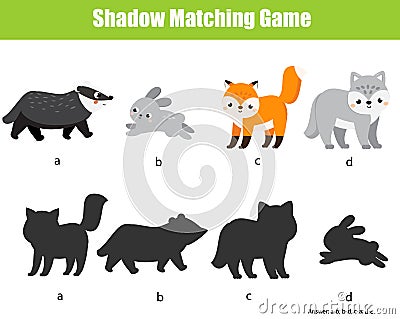 Shadow matching game. Kids activity with forest animals. fun page for toddlers Vector Illustration