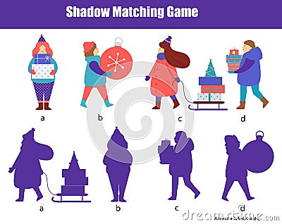 Shadow matching game. Kids activity with Christmas people. New year theme fun page for toddlers Vector Illustration