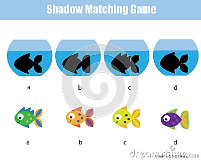Shadow matching game. Kids activity with fishes Vector Illustration