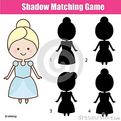 Shadow matching game with cute girl in princess dress Vector Illustration