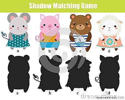 Shadow matching game. Kids activity. Animals theme Vector Illustration