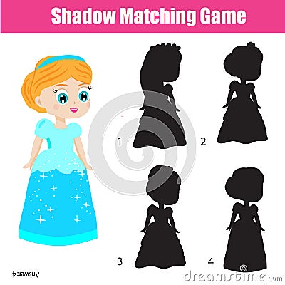 Shadow matching game. Kids activity with beautiful princess Vector Illustration