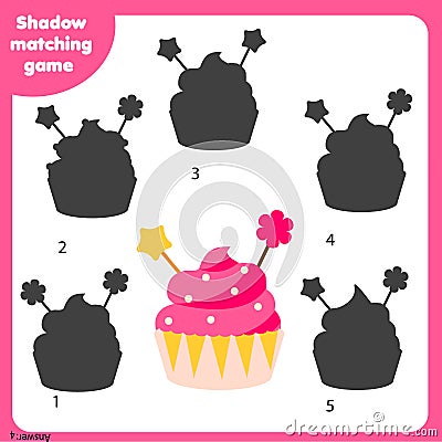 Shadow matching game. Kids activity with cupcake Vector Illustration