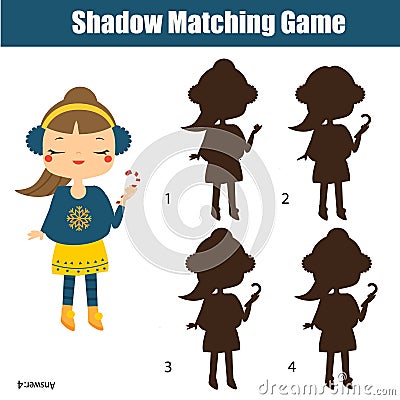 Shadow matching game. Kids activity with girl holding candy canes. Christmas, new Year theme Vector Illustration