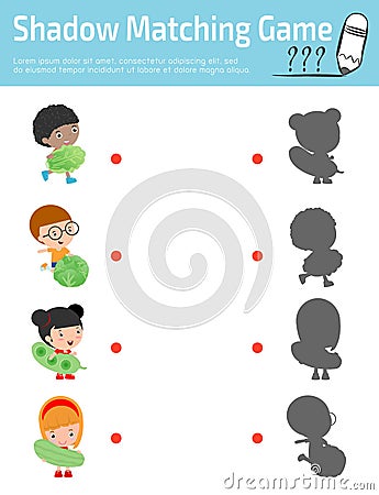 Shadow Matching Game for kids, Visual game for kid. Connect the dots picture,Education Vector Illustration. Happy kids holding smi Vector Illustration