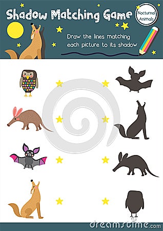 Shadow matching game nocturnal animal Vector Illustration