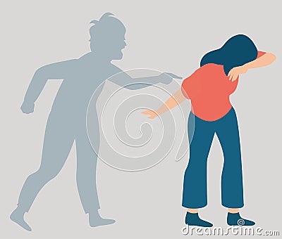 Shadow of a person accusing and yelling at a girl. Stop verbal abuse or harassment against women. Vector Illustration