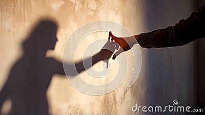 Shadow of person reaching out to person& x27;s hand on wall. Generative AI Stock Photo