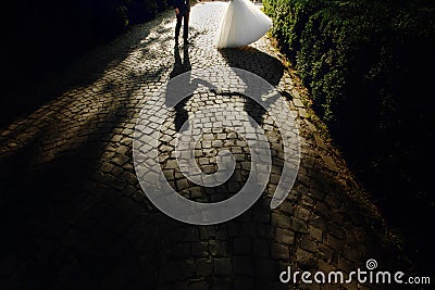 Shadow silhouette of beautiful bride and handsome groom dancing Stock Photo