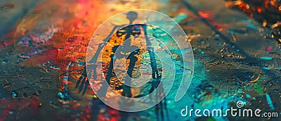 Shadow of a skeleton on a colorful abstract background, using vibrant lights and textures to create a haunting and artistic Stock Photo