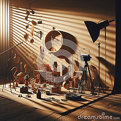Shadow in the Studio Create a studio setup with various props to Stock Photo