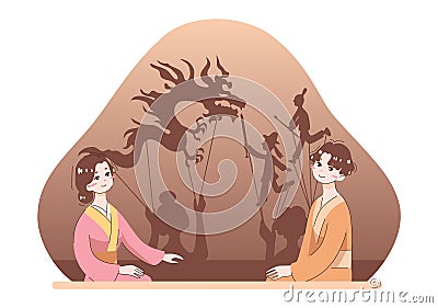 Shadow theater. Entertaining performance with silhouettes of puppets Vector Illustration