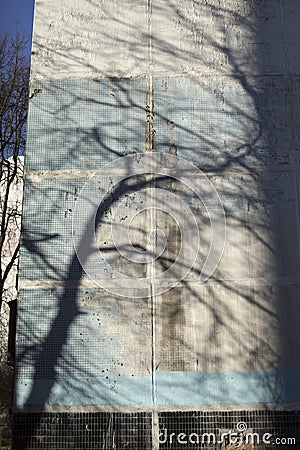 Shadow of tree on building. Sun shadow on wall. Silhouette of large tree Stock Photo