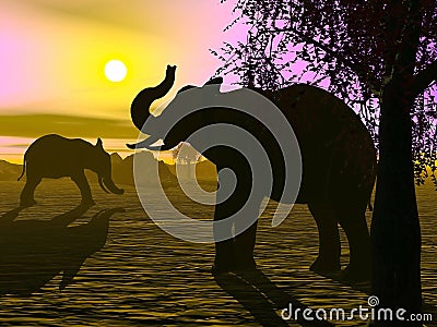 Elephants by sunset - 3D render Stock Photo