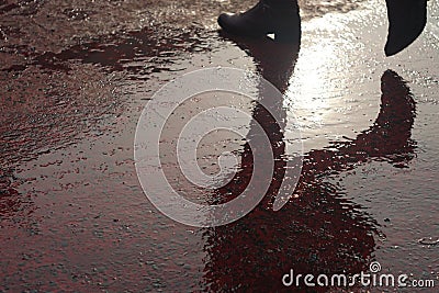 Shadow of unrecognizable person at pedestrian crossing - Back li Stock Photo