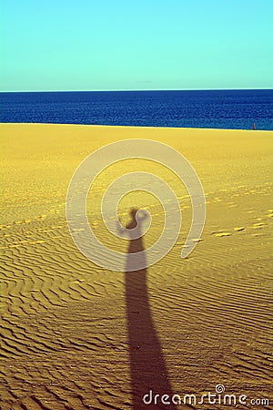 Shadow of woman on the sands dunes Corralejo Fuerteventura Stock Photo