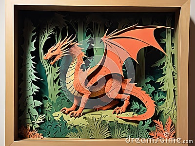 a shadowbox type image with no more than 10 layers. The image should be a dragon in a forest. each layer should be a single, flat Stock Photo