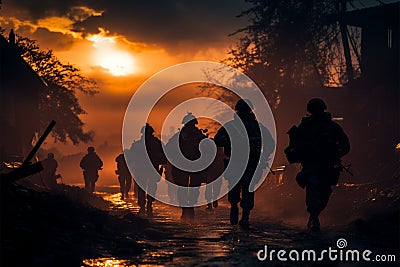 Shadowed soldiers amidst the chaos of a war torn battleground Stock Photo
