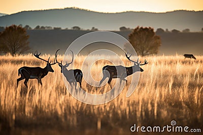 shadows of antelopes grazing on sunlit grasslands Stock Photo