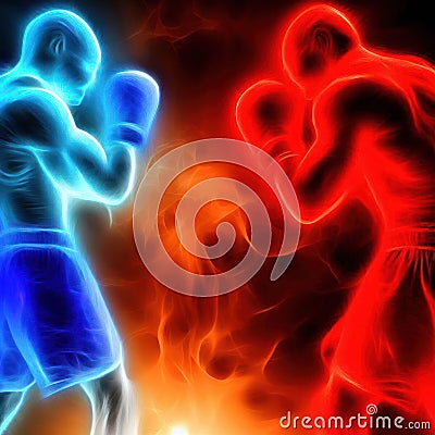 Shadows formed by red and blue sparks form boxers fighting in the ring.generative AI Stock Photo