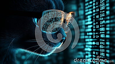 In the shadows, a hacker is joined by a cat in glasses working on a computer, representing notions of spying, cyber Stock Photo