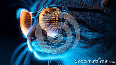 In the shadows, a hacker toils away while a cat wearing glasses uses a computer, representing spy themes, cyber Stock Photo