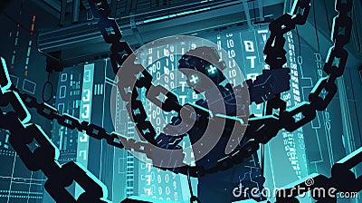 A shadowy figure trapped in a digital world, bound by chains, against a backdrop of glowing blue binary code Stock Photo