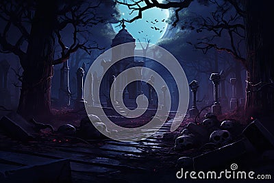 Shadowy Necromancer cemetery dark background. Generate Ai Stock Photo