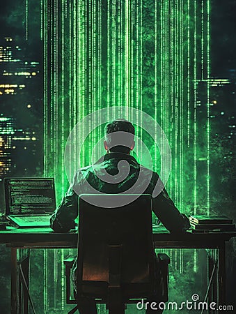 In a shadowy workspace, a hacker works on complex data displayed across multiple screens. Stock Photo