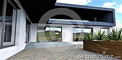 Shady courtyard of a cozy country house. Paving stone from figured concrete blocks. Large panoramic windows reflect the Stock Photo