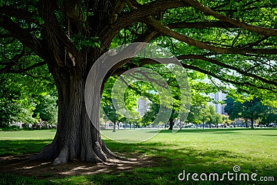 Shady tree offers respite from the urban hustle in the park Stock Photo