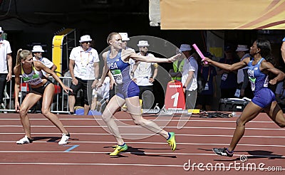 Shae ANDERSON and Symone MASON from USA running 4x400 metres relay in the IAAF World U20 Championship in Tampere, Finland Editorial Stock Photo