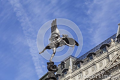 Shaftesbury Memorial Fountain, statue of a mythological figure Anteros, Piccadilly Circus, London, United Kingdom. Stock Photo