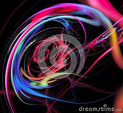 A shaggy colorful spiral is nicely positioned against a black background. Abstract fractal background. Cartoon Illustration