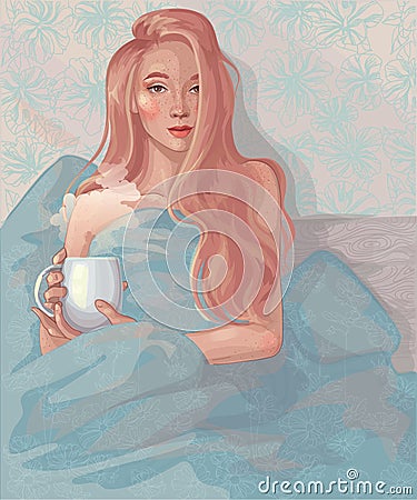 shaggy redhead girl in bed Vector Illustration